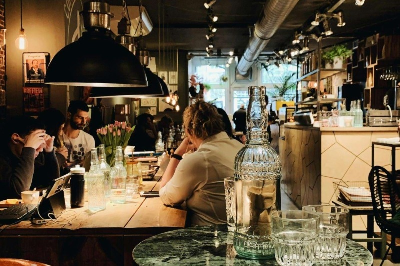 a group of people in a restaurant