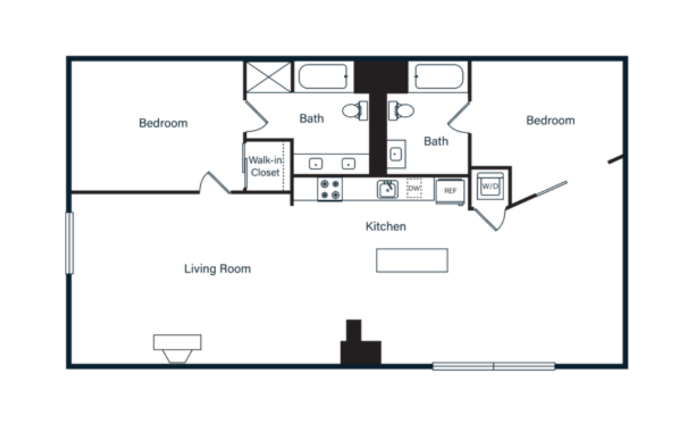 B14L - 2 bedroom floorplan layout with 2 bathrooms and 1147 - 1187 square feet
