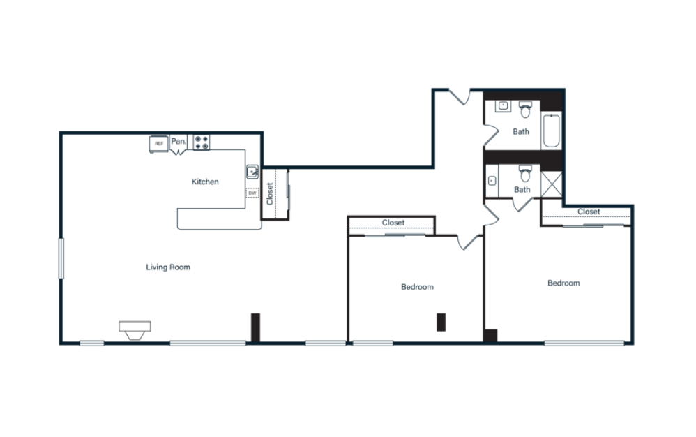 B25 - 2 bedroom floorplan layout with 2 bathrooms and 1702 square feet