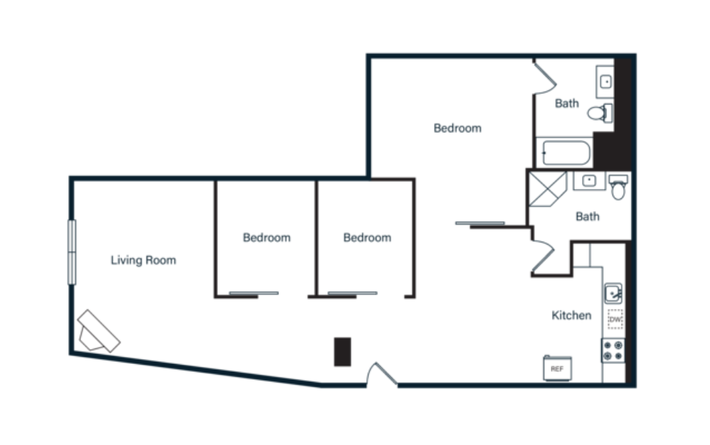C2 - 3 bedroom floorplan layout with 2 bathrooms and 985 square feet